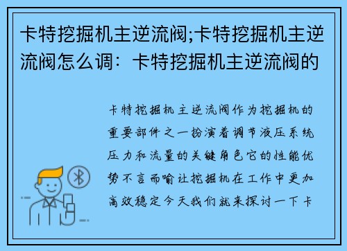 卡特挖掘机主逆流阀;卡特挖掘机主逆流阀怎么调：卡特挖掘机主逆流阀的性能优势